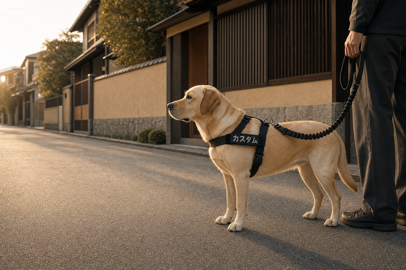 RELUAのハーネスをつけた犬と歩く朝の散歩